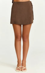 Griffin Mini Skirt - Tie Side Linen Blend Skirt in Chocolate