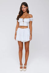 Candlelit Lovers Off Shoulder Gingham Crop Top Blue