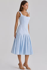 blue pleated lace up cotton midi dress
