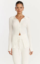 Kelsey Top - Button Through Long Sleeve Knitted Top in Cream