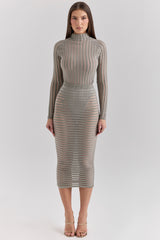 grey velour sheer striped midi skirt