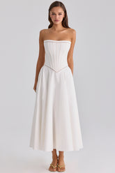 white cotton strapless maxi dress