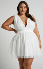 Mariabella Mini Dress - Tulle Plunge Dress in White