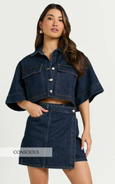 Katherine Top - Crop Button Down Collared Recycled Denim Short Sleeve Top in Dark Blue Wash