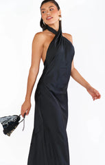 Jasmine Halter Maxi Dress ~ Black Luxe Satin