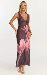 Elowen Midi Dress - Deep V Neck Satin Dress in Floral Print