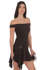 Embellished Off Shoulder Flare Dress in Brown