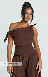 Ivy Top - Linen Off Shoulder Tie Top in Chocolate