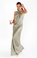 Jasmine Halter Maxi Dress ~ Moss Green Luxe Satin
