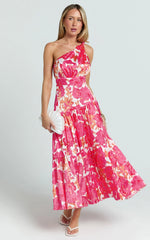 Georgine Midi Dress - One Shoulder Ruched Tiered Dress in Peony Blossom