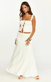 Bianca Midi Skirt - Shirred Yoke Circle Hem Skirt in White