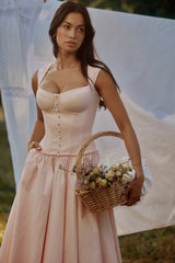 pink cotton cap sleeve midi dress