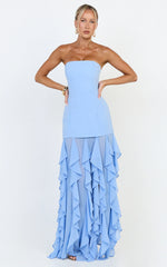 Selani Maxi Dress - Strapless Bodice Ruffle Hem Dress in Sky Blue