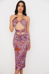 purple swirl cutout midi dress