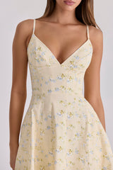 lemon floral print strappy cotton midi sundress