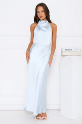 Draped In Diamonds Satin Halter Maxi Dress Blue