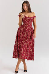 gold and berry lace midi off shoulder dress