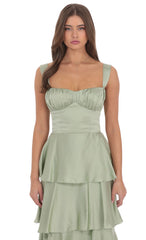 Satin Ruffle Maxi Dress in Sage