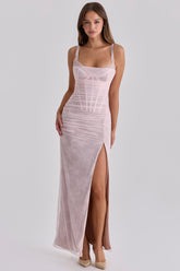 baby pink lace mesh maxi dress