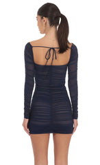Mesh Long Sleeve Bodycon Dress in Navy