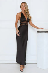 Ibiza Twilight Satin Lace Maxi Dress Black