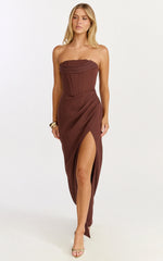 Tara Maxi Dress - Strapless Corset Drape Skirt Dress in Chocolate