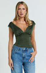 Gloria Top - V Neck Lace Detail Cap Sleeve Top in Sage