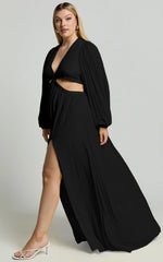 Paige Maxi Dress - Side Cut Out Balloon Sleeve Dress in Black