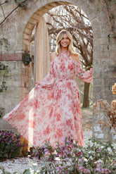 Hilary Pleated Maxi Dress - Red Floral