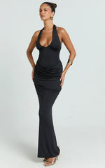Heath Maxi Dress - Scoop Halter Neck With Drape Front Skirt Back Split Dress in Black