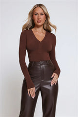 BASE Form Luxe Knit V Neck Long Sleeve Top Chocolate