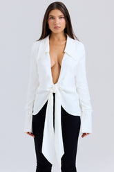 white draped tie front shirt