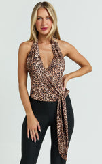 Spencer Top - Jersey Halter Tie Neck Wrap Top in Tonal Leopard