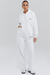 white cotton fleece-back zip through hoodie
