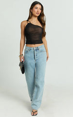 Reese Top - Asymmetric Ruched Metal Hardware Jersey Top in Black