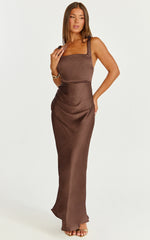 Rumi Maxi Dress - Ruched Bodice Satin Dress in Chocolate