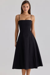 black cotton flared midi sundress
