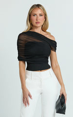 Sophia Top - Draped One Shoulder Mesh Overlay Top in Black