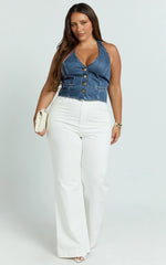 Walton Vest - Halter Neck Button Down Crop Recycled Denim Vest in Dark Blue Wash