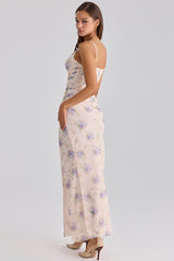 ivory sweet peony print stretch mesh maxi dress