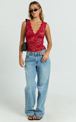 Antonia Top - V Neck Lace Detail Top in Dark Red