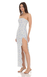 Strapless Floral Lace Ruffle Slit Dress in Pastel Blue