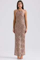 rose gold embroidered sequinned gown