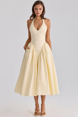 lemon cotton halter neck midi sundress
