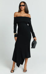Karina Midi Dress - Long Sleeve Folded Off Shoulder Asymmetric Dress in Black