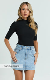 Tilda Top - High Neck Short Sleeve Fitted Top in Black