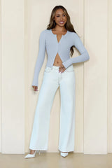 BASE Luxe Rib Button Front Long Sleeve Top Blue