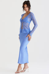 blue satin bias cut midi skirt
