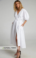 Amalie The Label - Franc Linen Puff Sleeve Wrap Midi Linen Dress - In White
