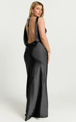 Adilah Maxi Dress - Cowl Neck Satin Dress in Black